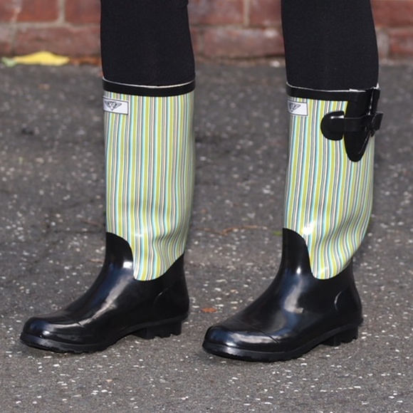 Women's Rainboots, Tall Rubber Rain boots, #1516, Black Retro - Picture 1 of 4